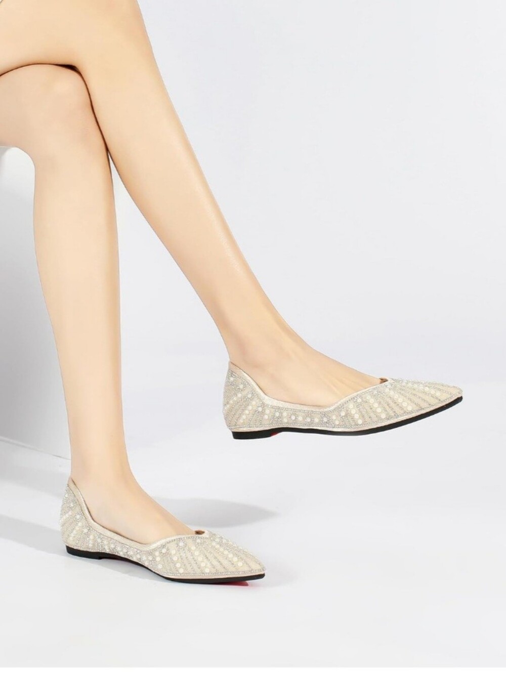 Embellished Rhinestone Pearl Pointed Toe Women’s Flats- Cream - Picture 6 of 8